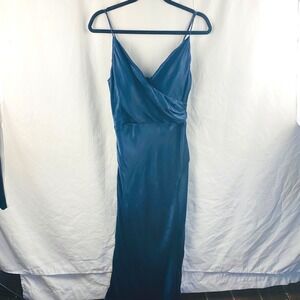 Bardot Navy Blue Satin Wrap Style Formal Dress 10/Large Leg Slit Maxi Bridesmaid